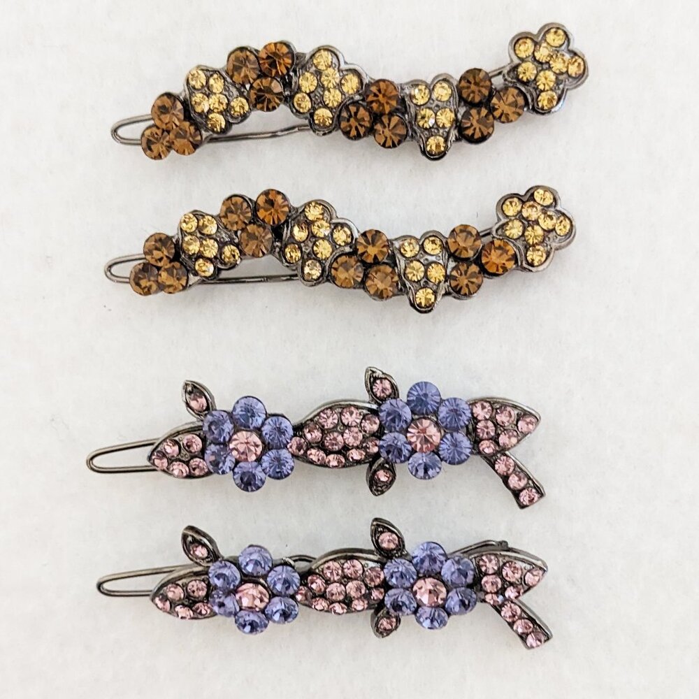 Two Sets of Rhinestone Purple Pink Amber Light Yellow Hair Clips